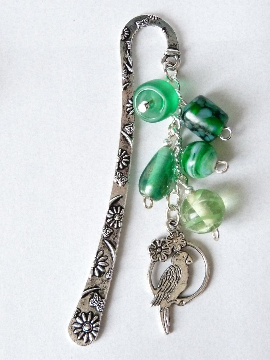Green Indian Glass Bead Charm Bookmark - Handmade - 07