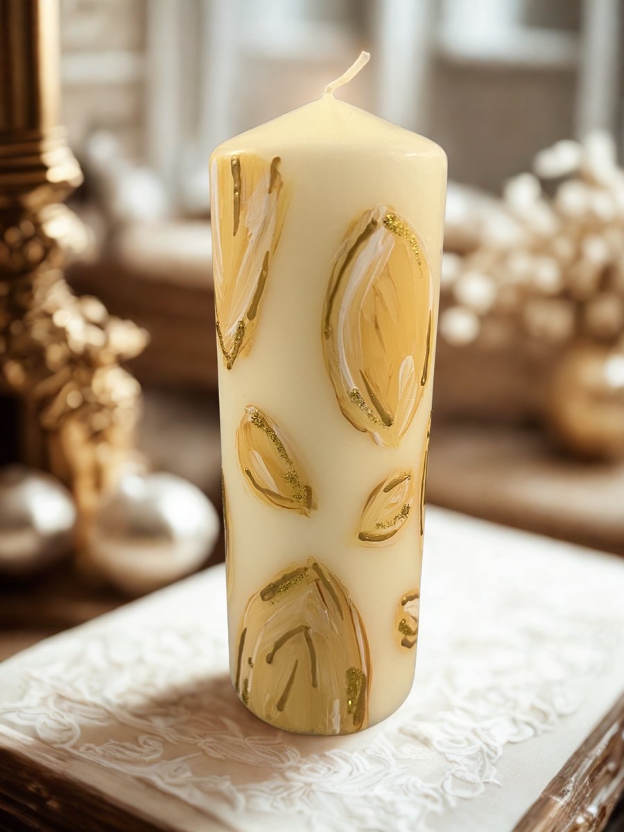 Large Ivory pillar candle, gold leaf details 