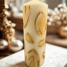 Large Ivory pillar candle, gold leaf details 