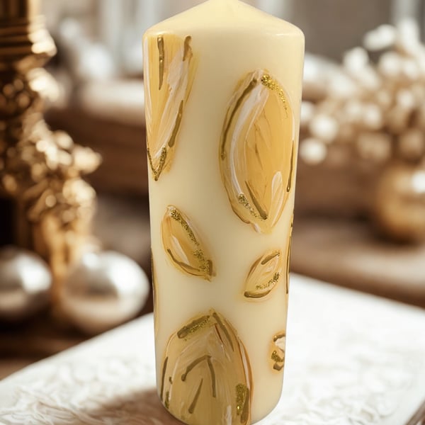 Large Ivory pillar candle, gold leaf details 