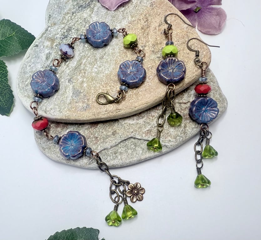 Colourful denim blue beaded floral boho bracelet and matching flower earrings