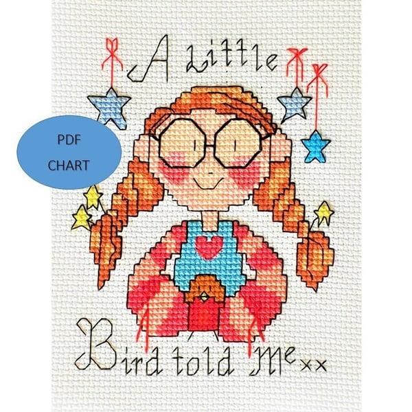Bird and girl quote A little Bird cross stitch digital Download PDF chart