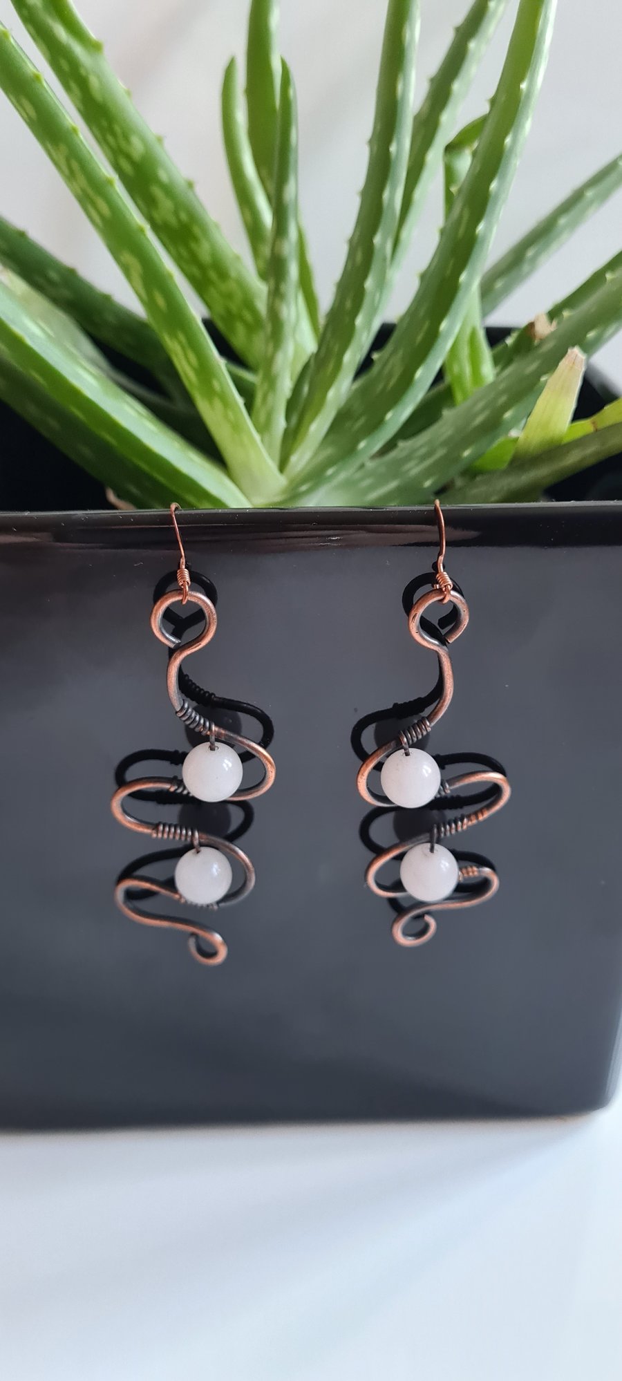 Handmade Pink Rose Quartz & Copper Dangle Earrings Gift Boxed Crystal Jewellery