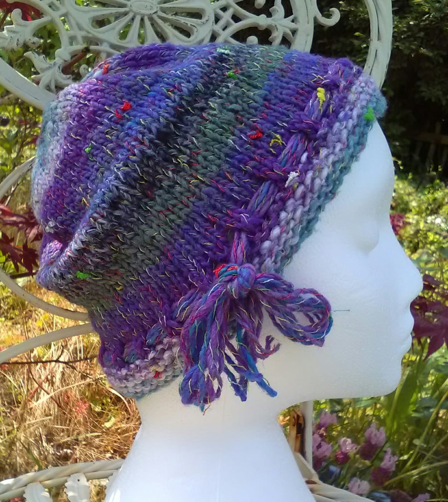 Handknit Noro cotton silk & wool hat Purple Sage Aqua Lilac Medium