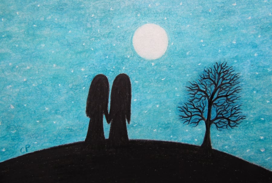 Twin Sister Card, Spiritual Moon Stars Card, Two Sisters Art Card, Lesbian Card