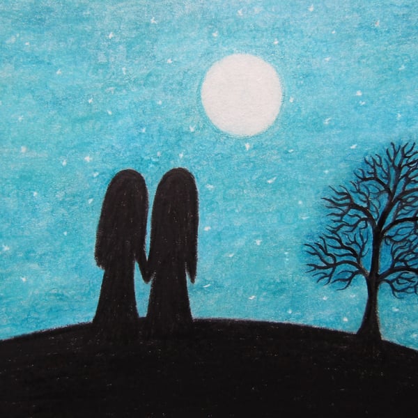 Twin Sister Card, Spiritual Moon Stars Card, Two Sisters Art Card, Lesbian Card