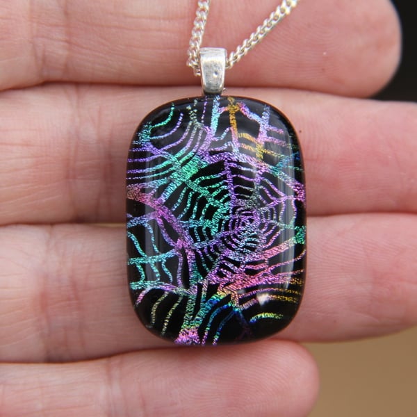 Handmade rainbow web dichroic glass pendant rainbow fused glass necklace SKU F13