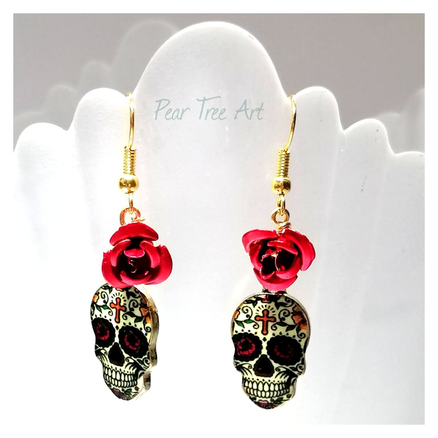 Red Cross Sugar Skull Earrings with Red Metal Roses 