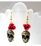 Red Cross Sugar Skull Earrings with Red Metal Roses  - Image 1