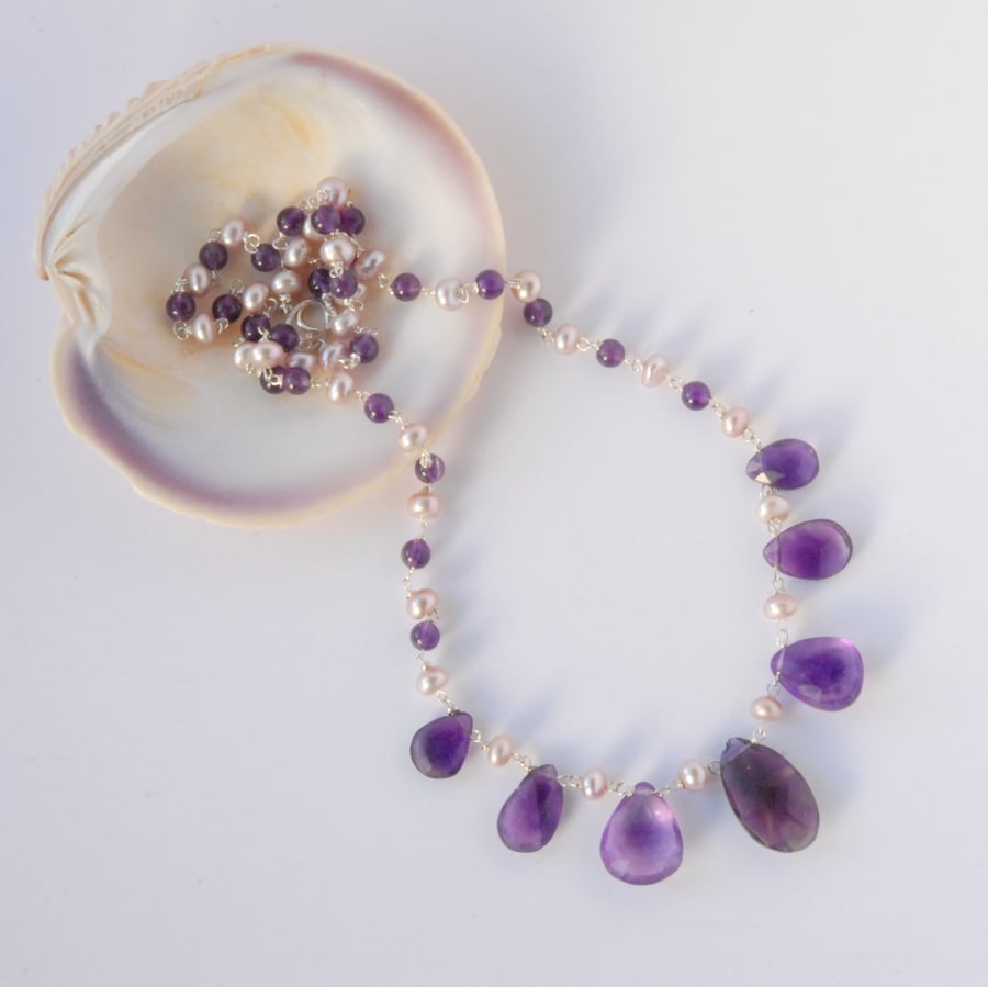 Purple amethyst and pearl beaded sterling silver necklace