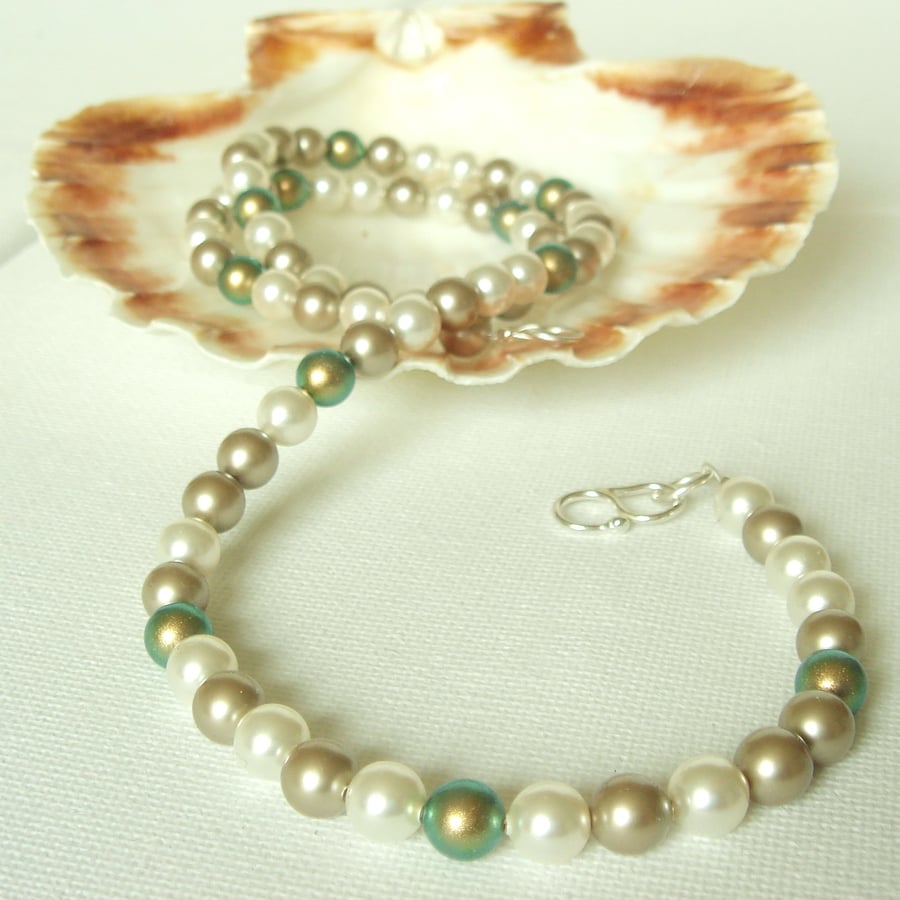 Spring Green, Platinum, White Swarovski Pearl Necklace Sterling Silver Clasp