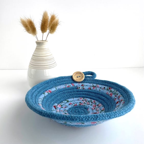 Small Blue Coiled Rope Bowl with Ditsy Floral Fabric Trim in Pale Blue and Pink