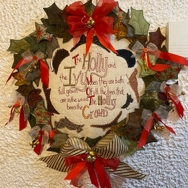 Christmas Wreath Decoration Home Display. Holly and the Ivy in Tweeds & Cotton.