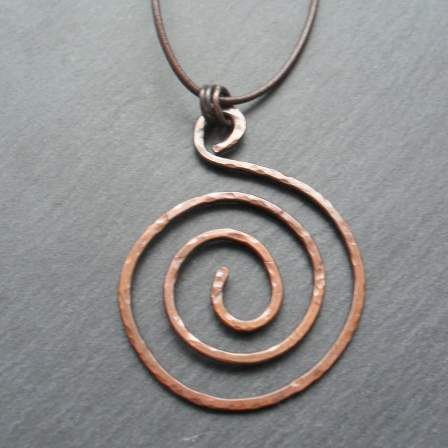 Copper spiral Pendant With Leather Cord and Sterling Silver