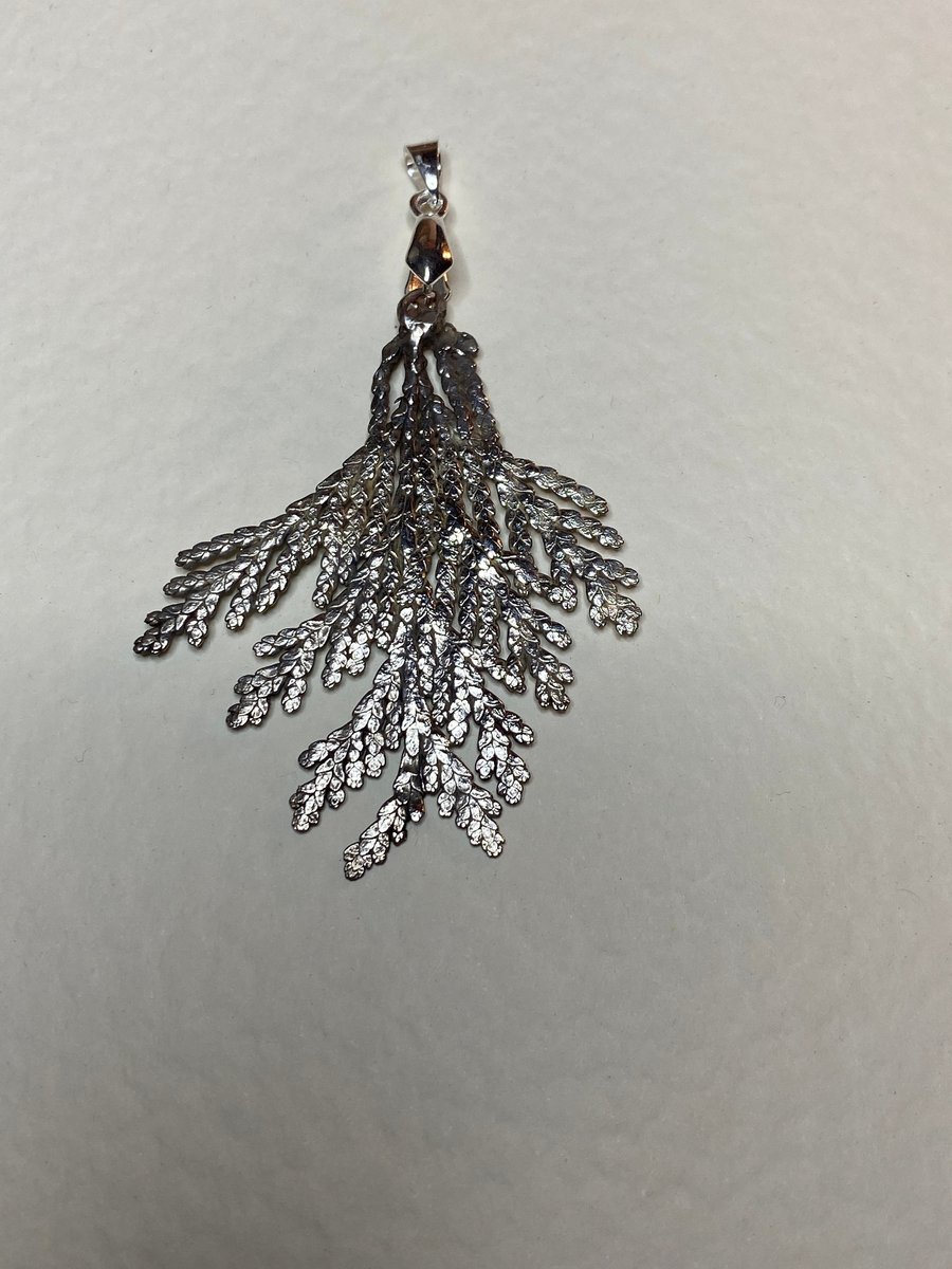 Juniper leaf pendant, fine silver electroform, 802