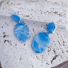 Geometric marbled blue and silver polymer clay earrings