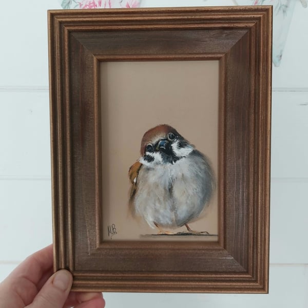 Framed Original Art Soft Pastel Drawing of a Sparrow