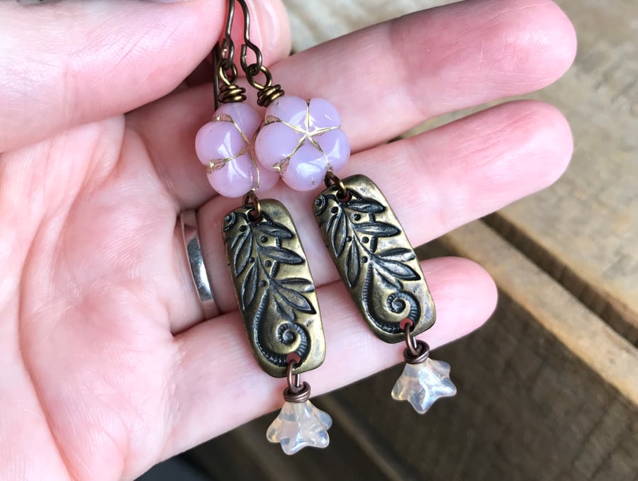Rose Pink Flower Earrings. Brass Floral Charm Earrings. Czech Glass Earrings
