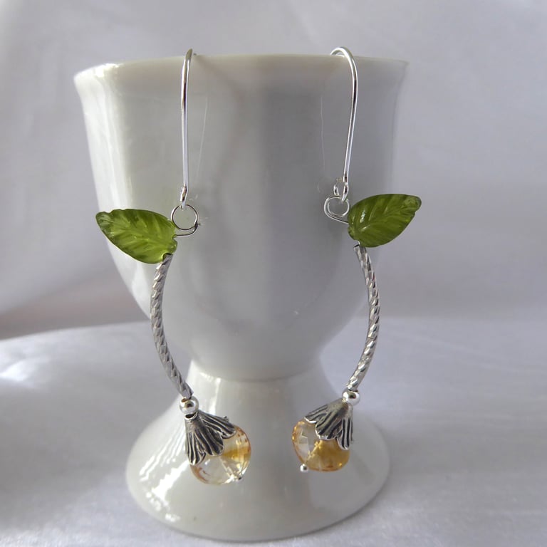Lemon Blossom Flower Bud Earrings with Vesuvianite Leaf, Sterling & Fine Silver