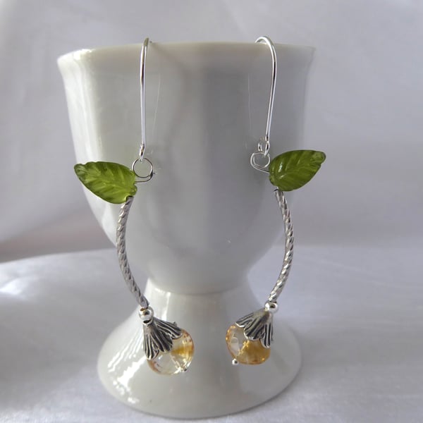 Lemon Blossom Flower Bud Earrings with Vesuvianite Leaf, Sterling & Fine Silver