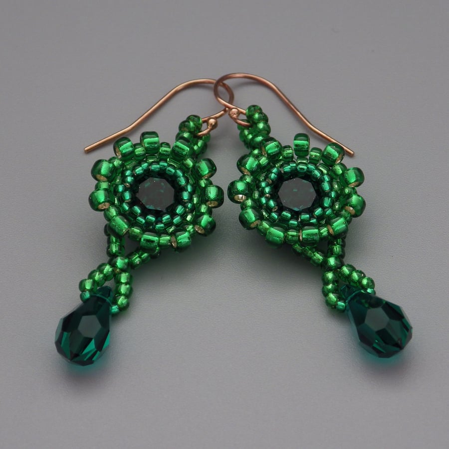 Beadwoven emerald green Swarovski chaton earrings with emerald green drops