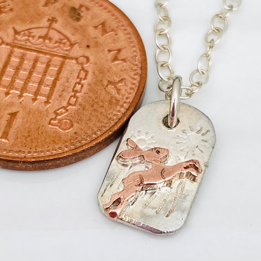 A Tiny Running Copper Hare and Meadow Silver Pendant Necklace, Gift, Freedom