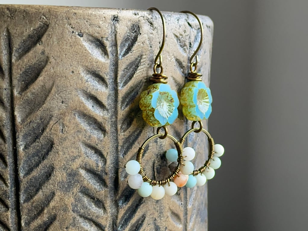 Czech Glass Flower Earrings. Amazonite Earrings. Wire Wrapped Gemstone Earrings