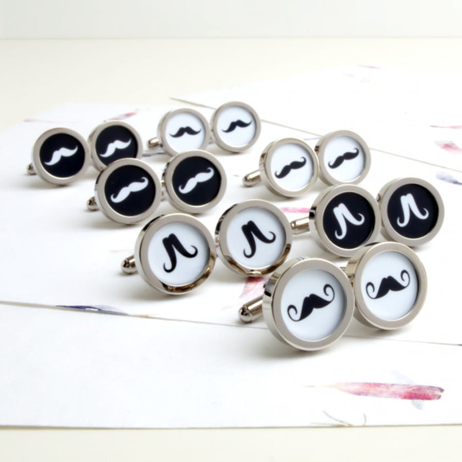 Big Mustache Cufflinks in Black and White, Can be made in your choice of colours