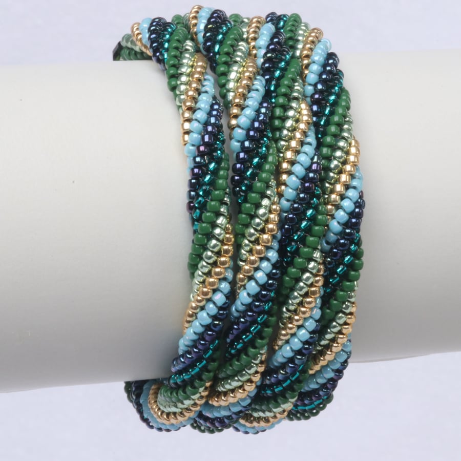Herringbone Wrap Beaded Bracelet in Green, Blue and Gold