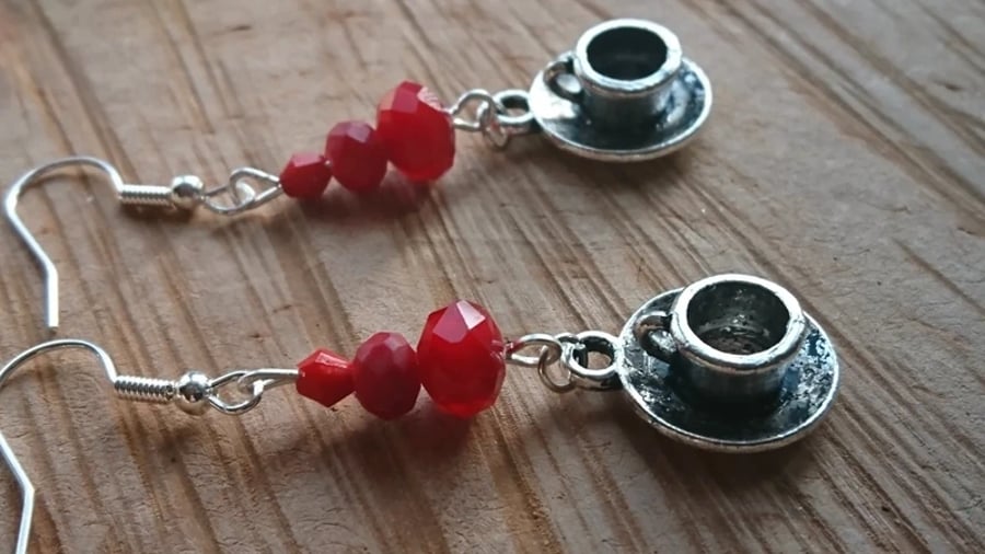 Steampunk earrings tea cups and crystals