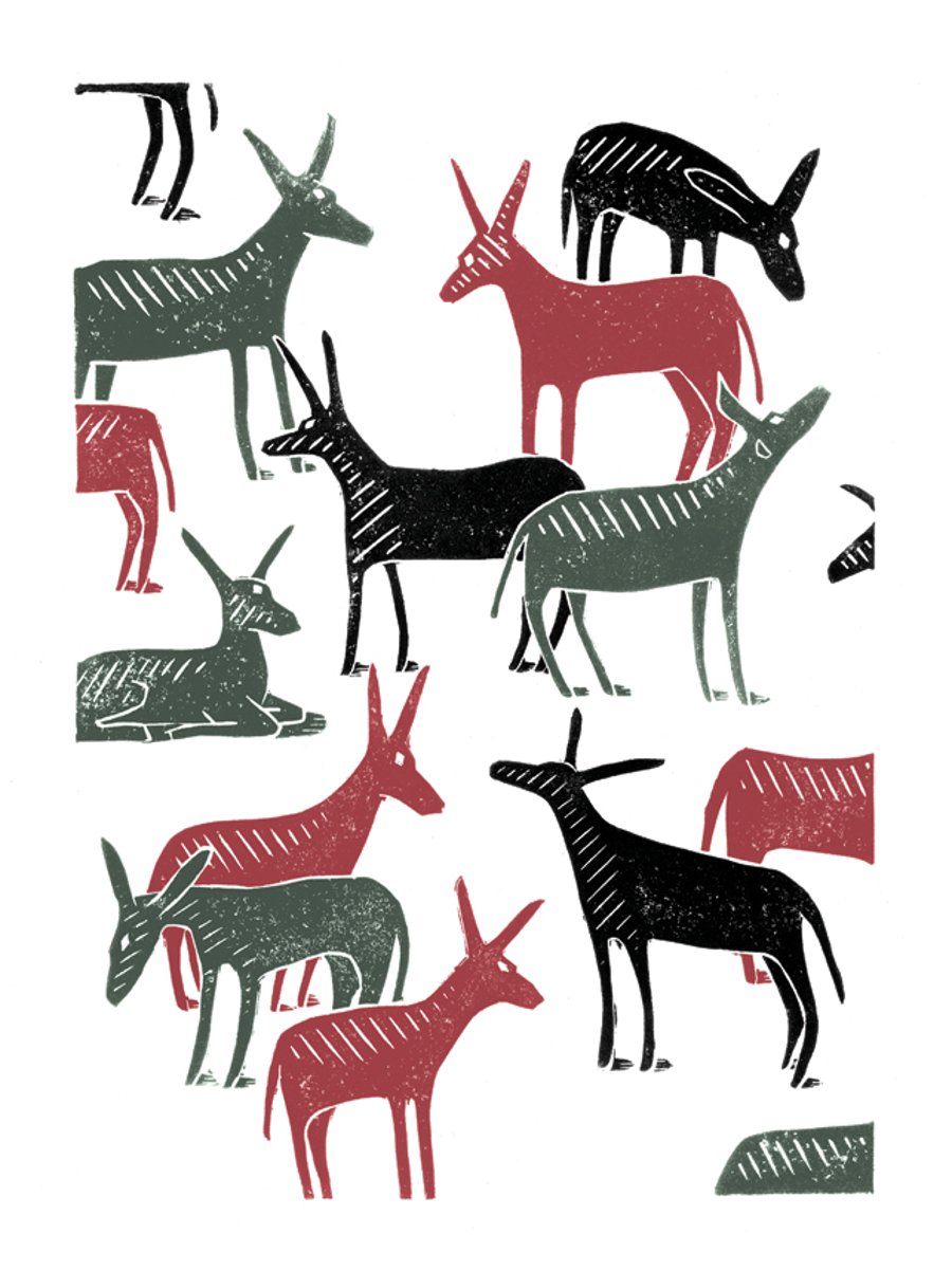 Wandering Donkeys A3 poster-print (grey & red & black)