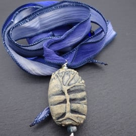 ceramic tree pendant, hand dyed ribbon necklace