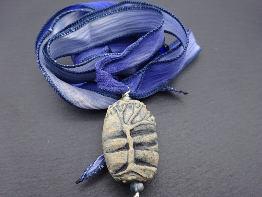 ceramic tree pendant, hand dyed ribbon necklace