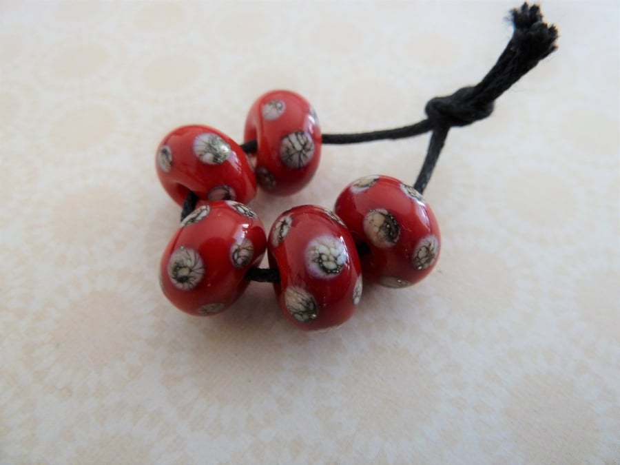 handmade lampwork glass beads, red and ivory spot set