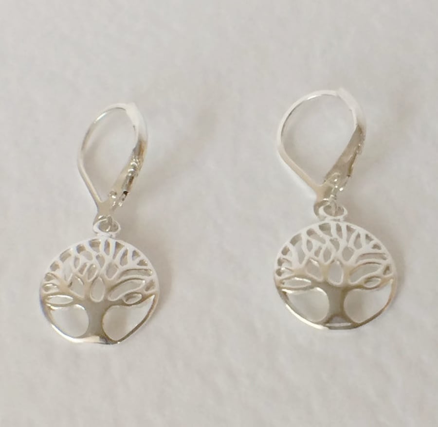 Sterling Silver Tree of Life Leverback Earrings, Long Dangle Circle Earrings 