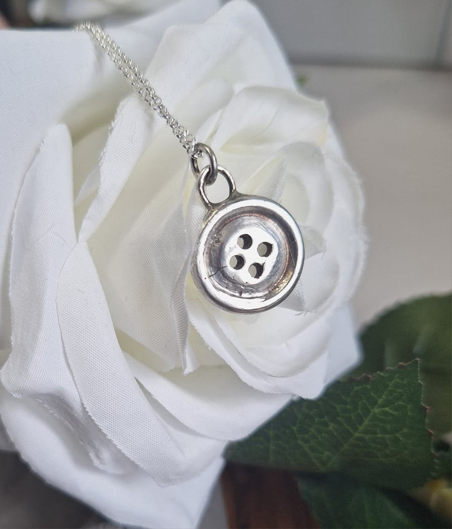 Oxidised Fine Silver Button Charm, Vintage, sewing gifts, sterling chain