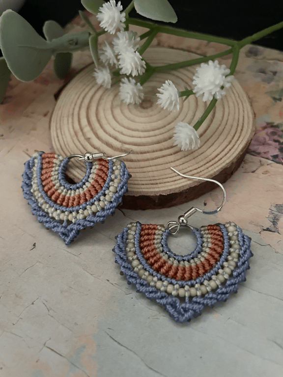 Pretty earrings, macrame beaded fan earrings, boho girl gift, dangle earrings