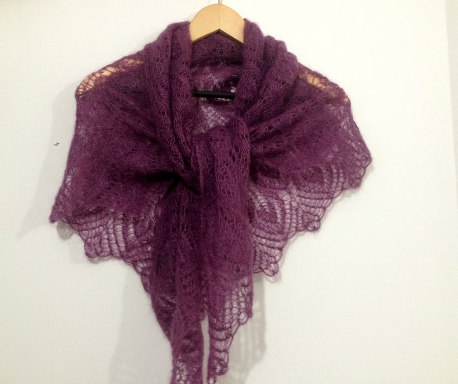 Silk Mohair Purple Violet Plum Scarf Leaf Lace Shawl Mothers Day Gift
