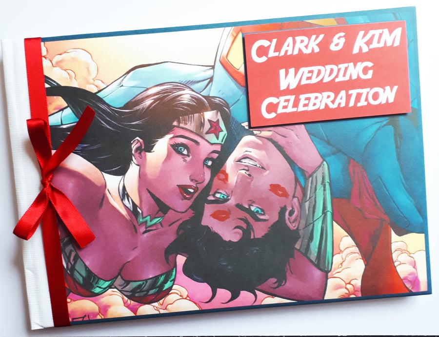Personalised Superman comics, superheroes wedding guest book