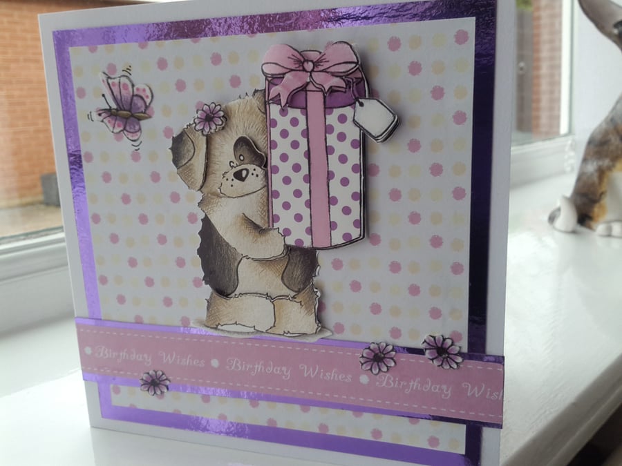 Cute doggie with present birthday card - Folksy
