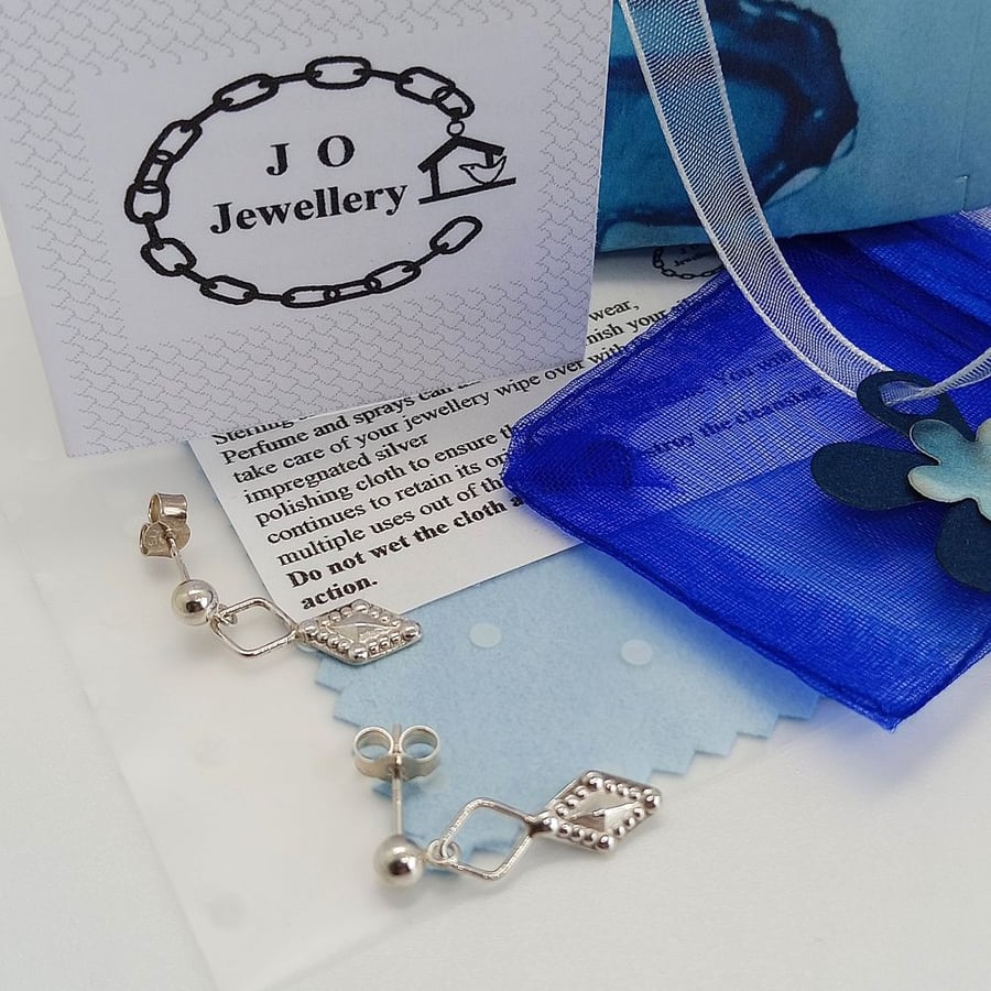 Decorative diamond drop sterling silver earrings