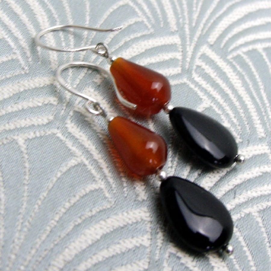 Carnelian & Onyx Dangle Earrings, Long Dangle Gemstone Earrings CC82