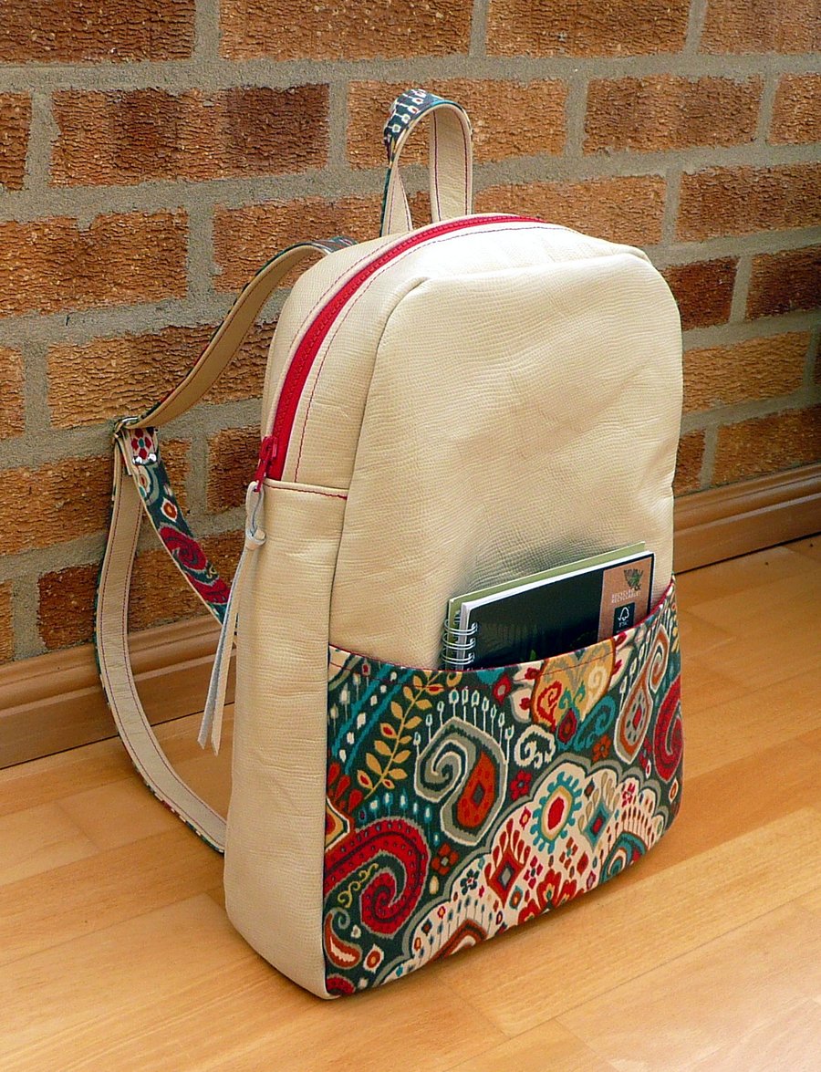 Backpack cream leather rucksack with water repellent fabric accent