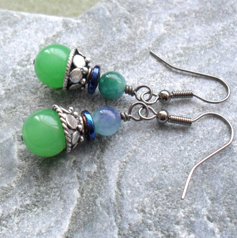 Quartz and Coated Blue Haematite Earrings Blue Green Earrings