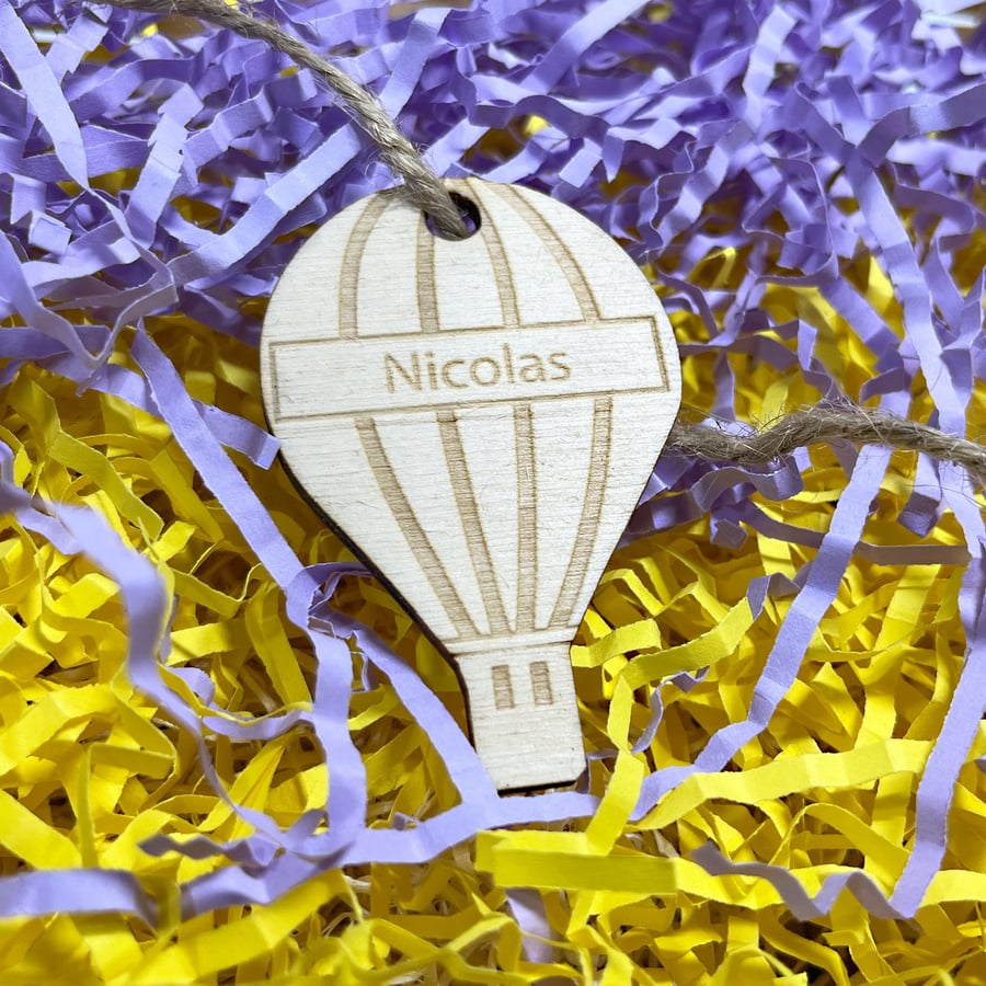 Personalised Name Tag Hot Air Balloon Label Birch Wooden Gift Tag