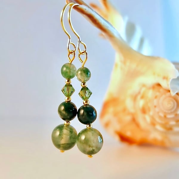 Moss Agate & Green Crystal Earrings, Birthday, Anniversary, Gifts For Her