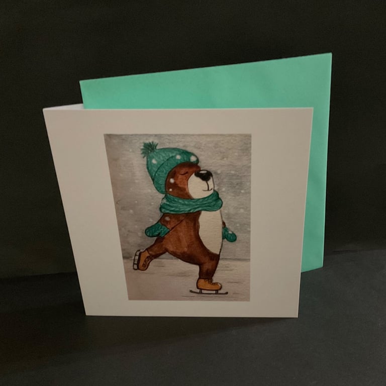 Fun Christmas Skating Bear greeting card