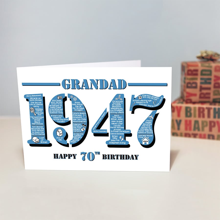 Happy 70th Birthday Grandad Year of Birth Greetings Card - Born in 1947 - Facts