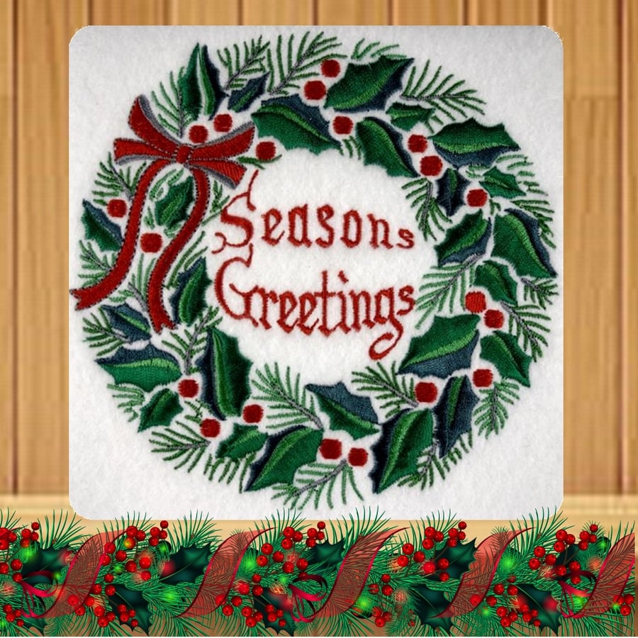 Handmade Holly Wreath Seasons Greetings Christmas card embroidered design