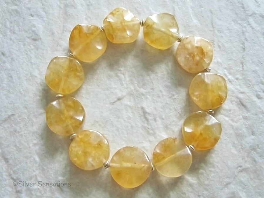 Yellow Orange Golden Jade Wavy Coins Stretch Bracelet & Sterling Silver Beads